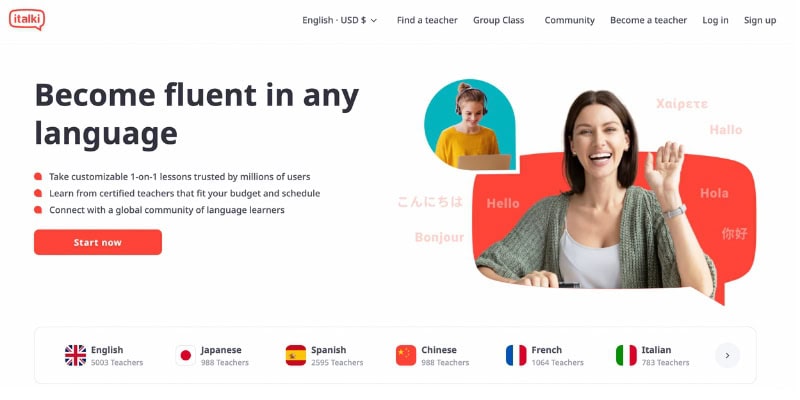 Screenshot of the homepage of the Italki online language tutors website