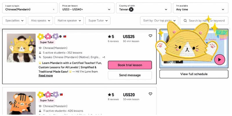 Screenshot of a webpage on Preply with filters set to find a Taiwanese Mandarin tutor