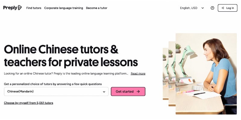 Screenshot of the homepage of Preply, a website for finding language tutors online