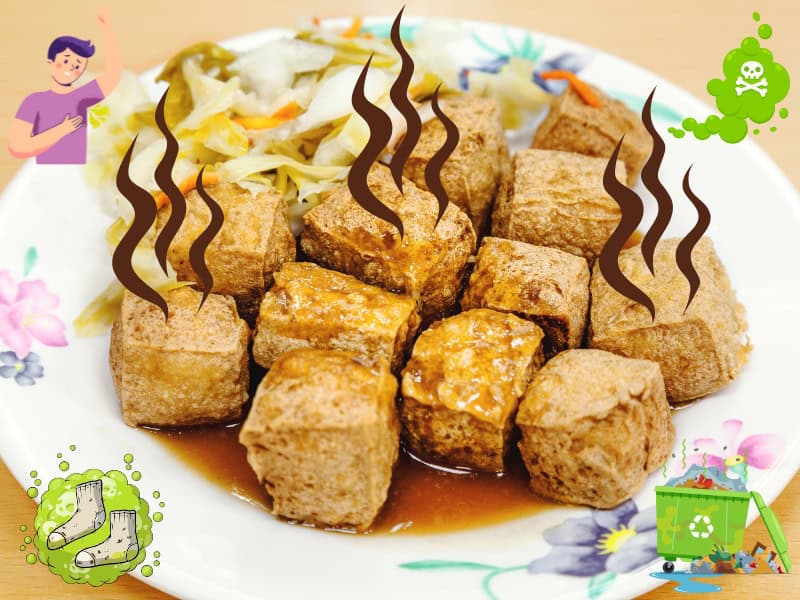 A plate of stinky tofu with stink lines added and symbols of stinky socks, garbage, armpits, and stink clouds icons added