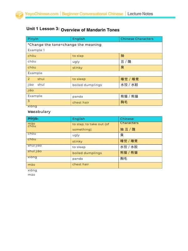 A pdf table of Mandarin vocabulary from a video