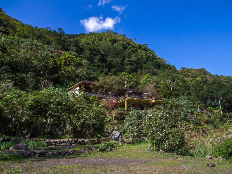 A wooden B&B on a hill surrounded by lush greenery