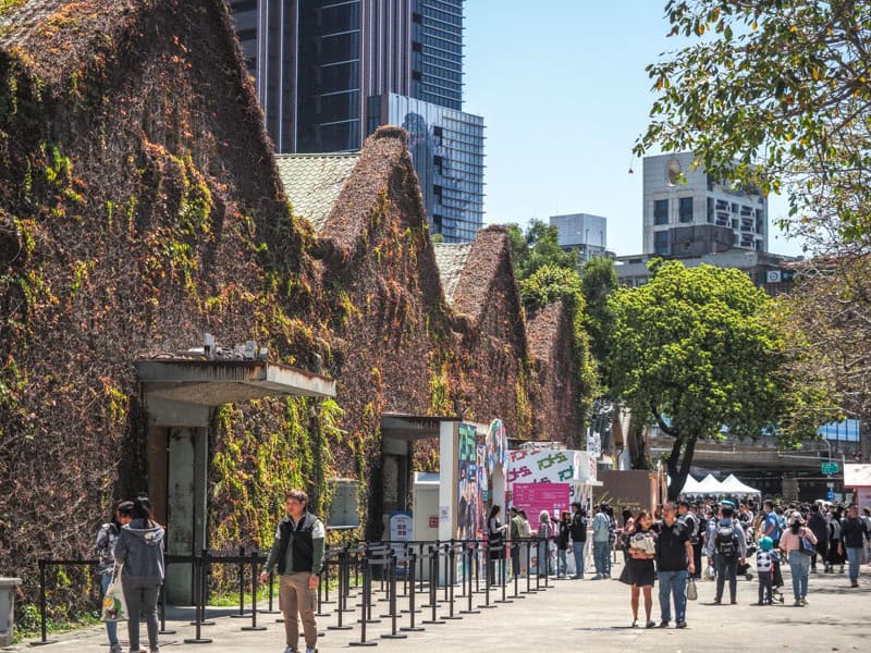 Looking down a pedestrian road with a row of four connected warehouse buildings covered in vines