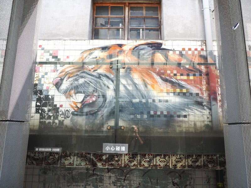 A spray painted tiger on a wall below a wood-framed window