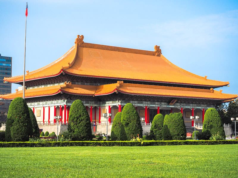 Large classical Chinese style National Theater at CKS Memorial Hall viewed from across a lawn