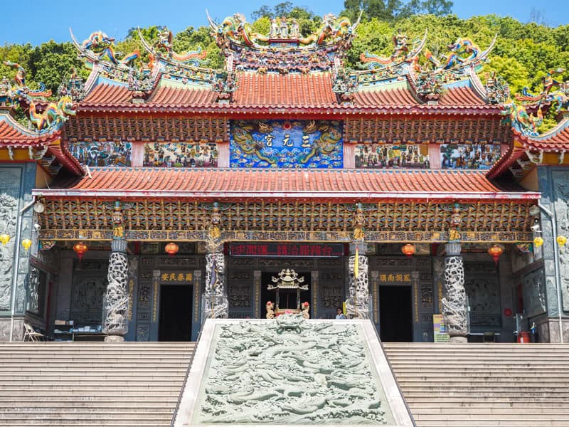 Looking up a staircase at a Taiwanese temple