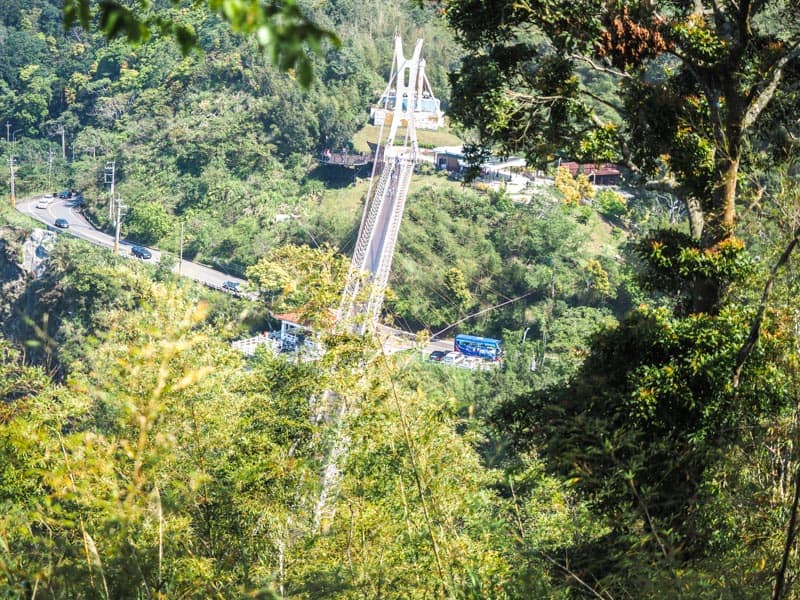 Looking down through some trees at a part of Taiping Suspension bridge