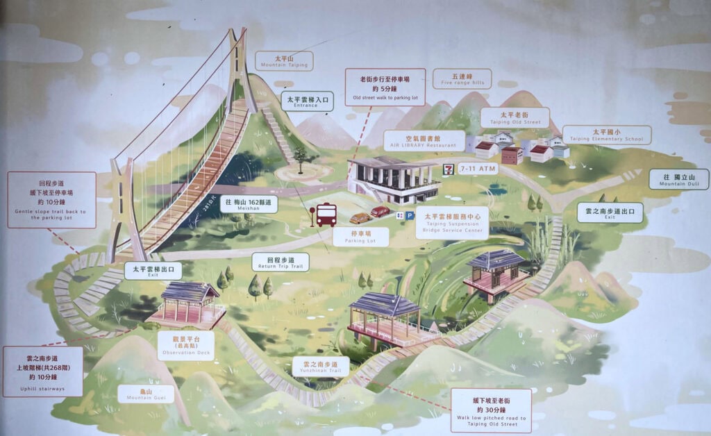 A map of Taiping Suspension Bridge area and walking routes around it