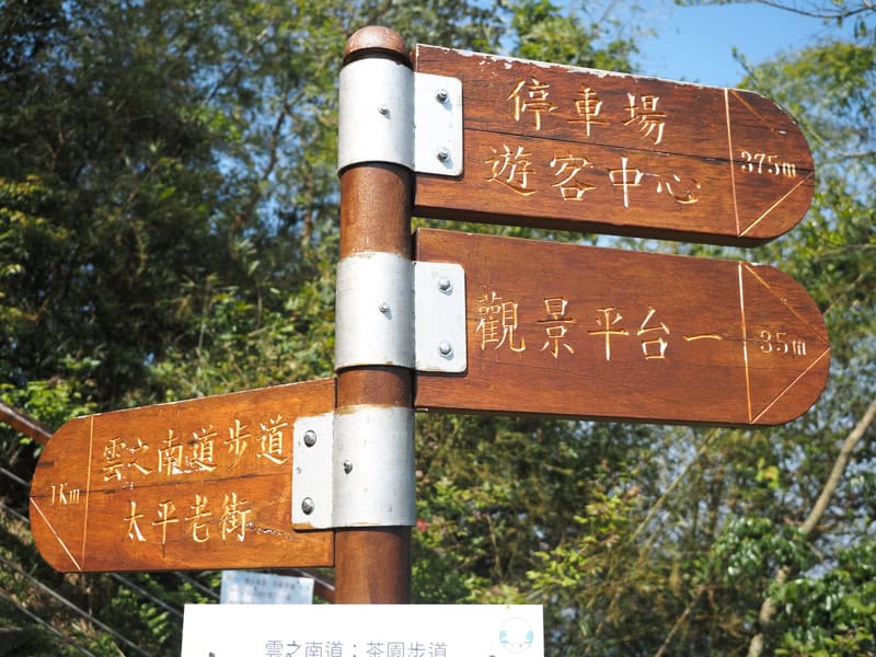 A wooden pole with a sign pointing to a trail to the left and two signs pointing to trails to the right