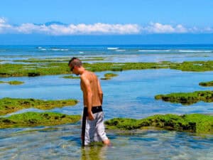 Nick Kembel standing in shallow water in a pool between exposed coral reef on Green Island, with the mountains of Taiwan visible across the sea in the background