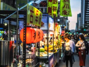 Lanterns and food stalls in Liuhe Night Market, Kaohsiung