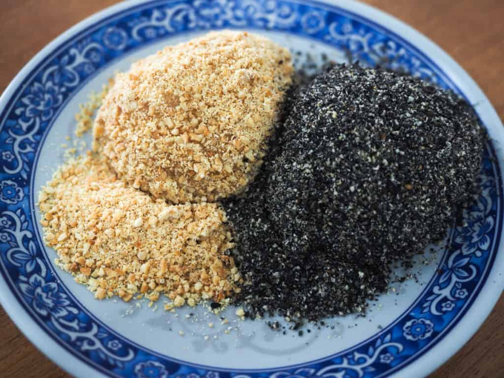 A small white and blue plate with a ball of mochi covered in lots of peanut powder and another covered in black sesame powder