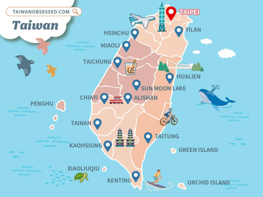 Illustrated map of Taiwan showing major cities, regions, and attractions, custom designed by taiwanobsessed.com — horizontal version