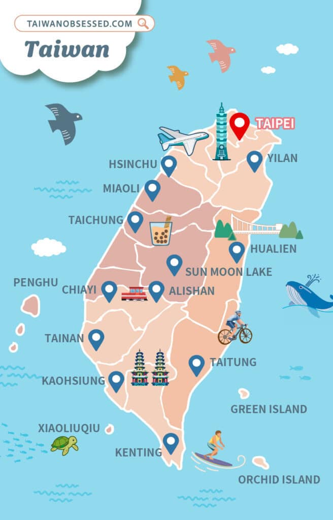 Vertical illustrated Taiwan travel map featuring key destinations and tourist regions, custom designed by taiwanobsessed.com