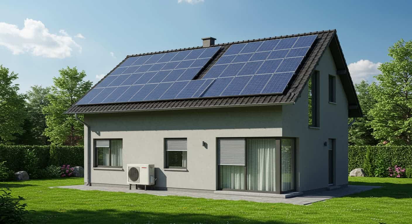 hus med solceller og varmepumpe