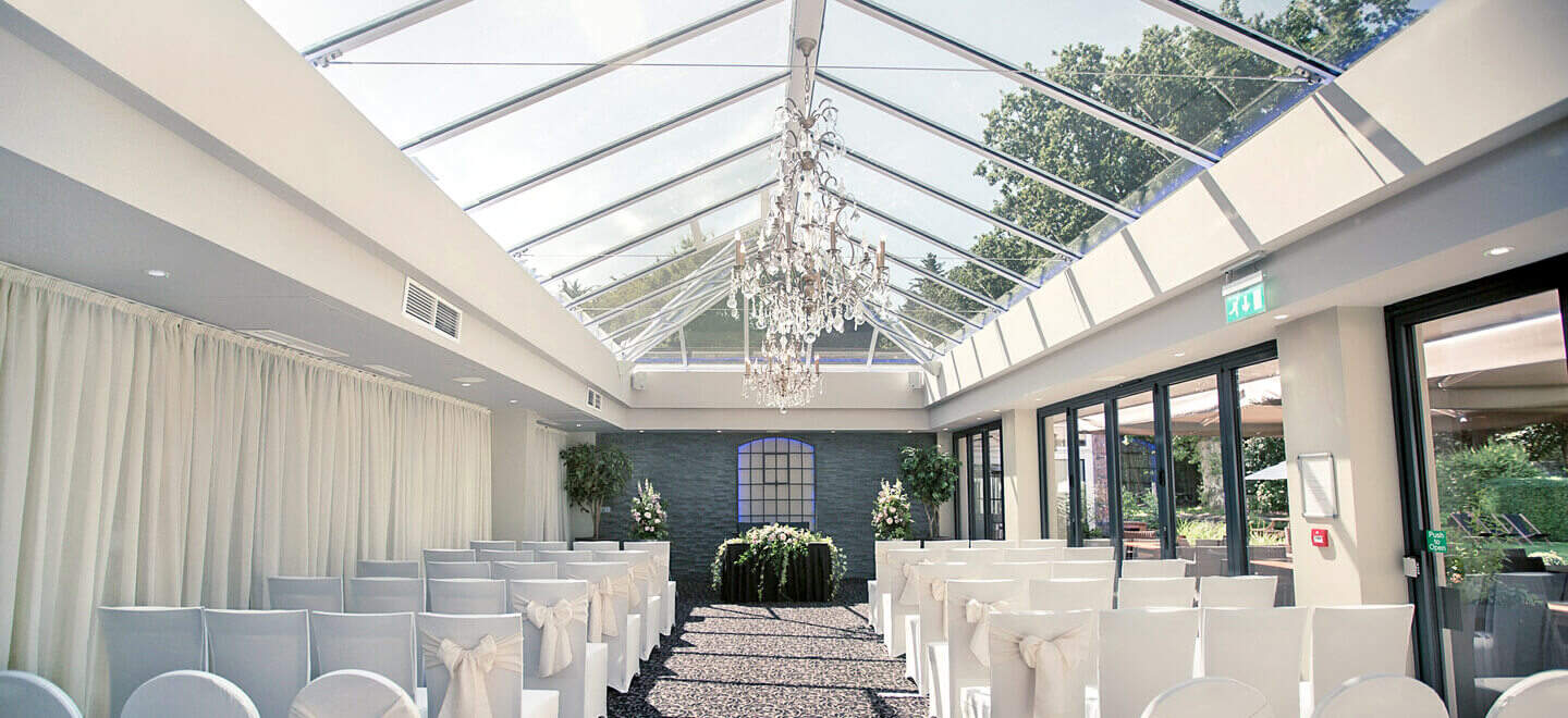 3 Glass Ceiling With Chandelier At Wickwoods Country House And Spa West Sussex Wedding Venue Gay Wedding Guide 1