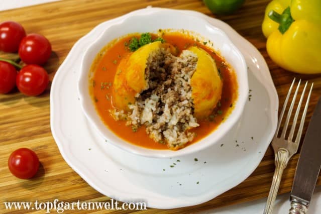 Gefüllte Paprika mit Reis und Faschiertem in Tomatensauce wie bei Oma - Foodblog Topfgartenwelt