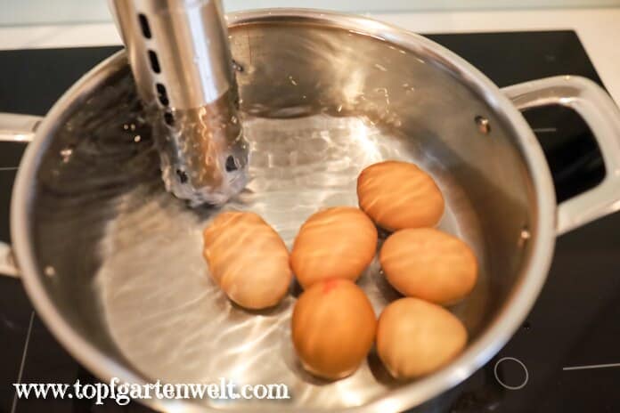 Eier pasteurisieren mit dem Sous-Vide-Stick im Wasserbad - Foodblog Topfgartenwelt