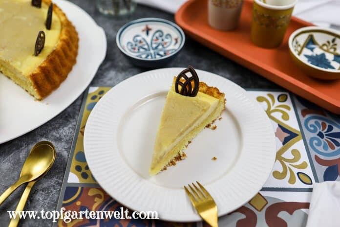 Ein Stück Rhabarkuchen mit Pudding auf einem weißen Teller. Darauf lehnt eine goldene Gabel.