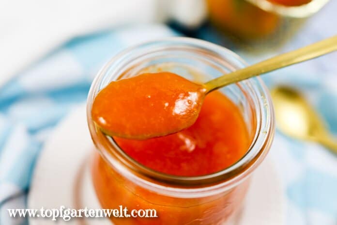 Leckere Aprikosenkonfitüre in einem Weckglas. Darüber liegt ein goldener Löffel mit etwas Marmelade oben.