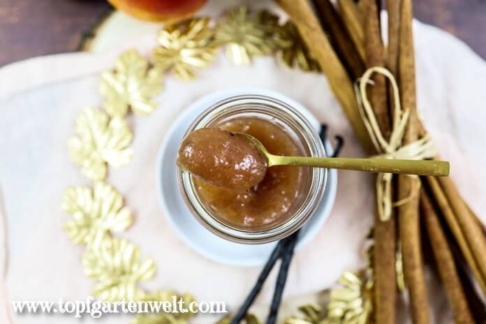 Köstliche Apfelmarmelade mit Gewürzen auf einem goldenen Löffel, welcher auf einem Weck-Glas liegt. - Foodblog Topfgartenwelt