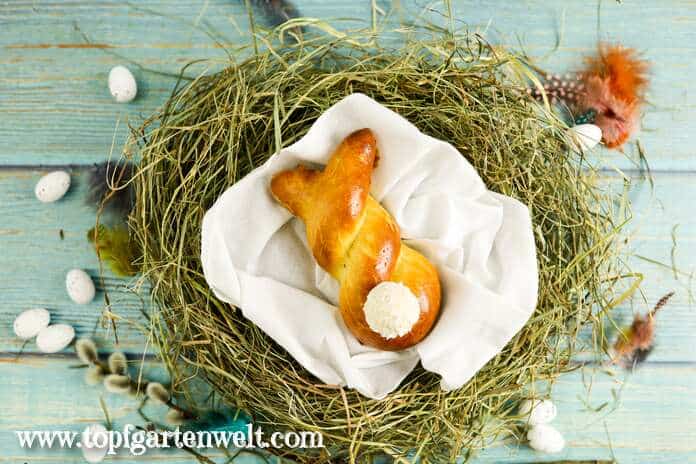 Ein Osterhase aus Germteig mit einer Raffaello-Praline als Schwanz liegt in einem Osternest aus Heu. Daneben sind kleine Eier verteilt und ein paar Federn.