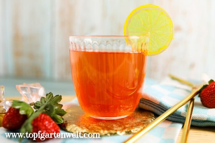 Ein Glas mit Erdbeersirup verziert mit einer Zitronenscheibe steht am Tisch. Daneben liegen frische Früchte.