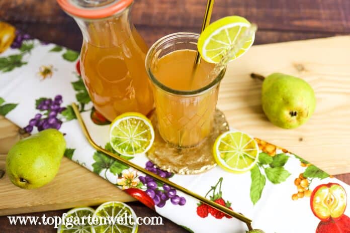 Auf einer herbstlichen Tischdecke steht im Hintergrund eine Weckflasche mit Birnensaft und davor ein volles Glas. Zu sehen ist ein goldener Strohhalm als auch mehrere frische Zitronenscheiben und zwei Birnen.