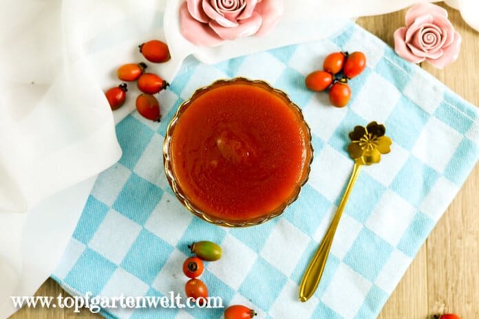 Diese leckere Hagebuttenmarmelade befindet sich in einem Glasschälchen, welches auf einem türkis-kariertem Tuch steht. Daneben liegen einige Hagebutten, ein goldener Löffel und Rosen aus Porzellan.