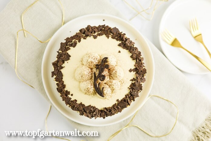Eine Baileys Torte ist auf einem weißen Teller angerichtet. Der Rand der Mehlspeise ist mit Schokostreuseln verzierht. in der Mitte befinden sich 7 Cremetupfen. Darauf liegt ein Schokolade-Ornament.