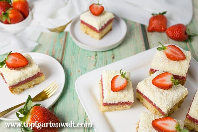 Mehre quadratische Stücke Frau Holle Kuchen sind auf dem Bild zu sehen. Der Untergrund ist grün. Die Nachspeise ist mit Erdbeerhälften verziert.