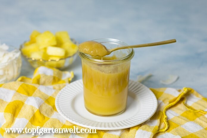 Cremige Pina Colada Marmelade mit frischer Ananas und Kokosmilch. Perfekt für ein Frühstück mit einem Hauch Exotik.