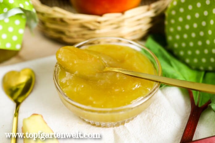 Ein Schälchen mit Apfel-Rhabarber-Marmelade. Darüber liegt ein goldener Löffel. Im Hintergrund sind Äpfel zu sehen.