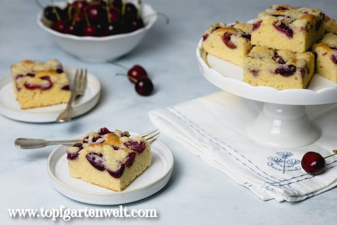 Auf einer Etagere liegen mehrere Stücke vom Kirsch-Streuselkuchen vom Blech. Daneben sind schon zwei angerichtete Teller.
