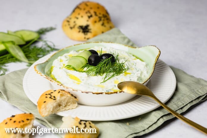 In einer Schale ist ein köstliches Tsatiki angerichtet. Es besteht aus griechischem Joghurt und frischen Gurken. Daneben liegen ein paar Stücke Pita Brot.