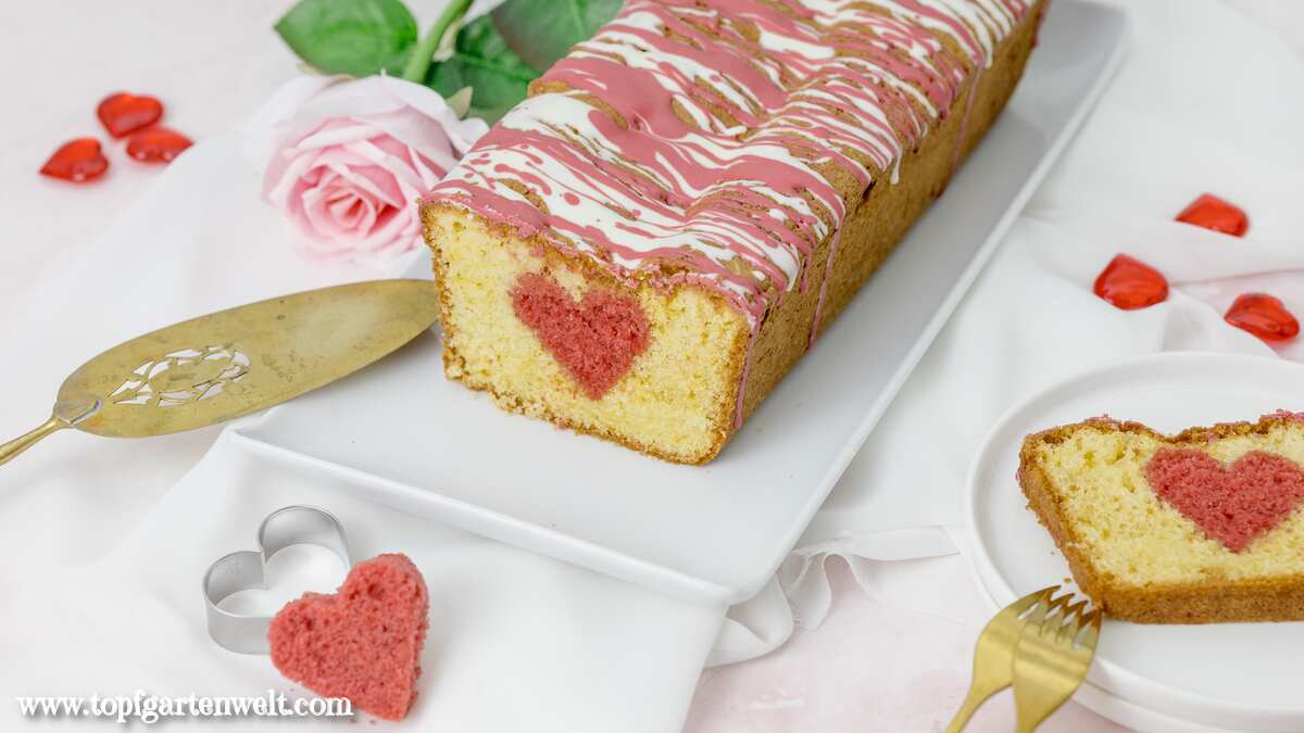 Ein einfacher Kuchen mit einem Herz in der Mitte auf einem weißen Teller. Daneben liegt eine goldene Kuchenschaufel. Im Hintergrund ist eine Rose zu sehen.