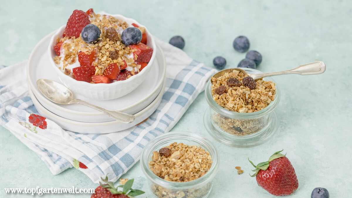 Selbst gemachtes Knuspermüsli in einem kleinen Weck-Glas. Daneben steht eine Schüssel mit Obstsalat.
