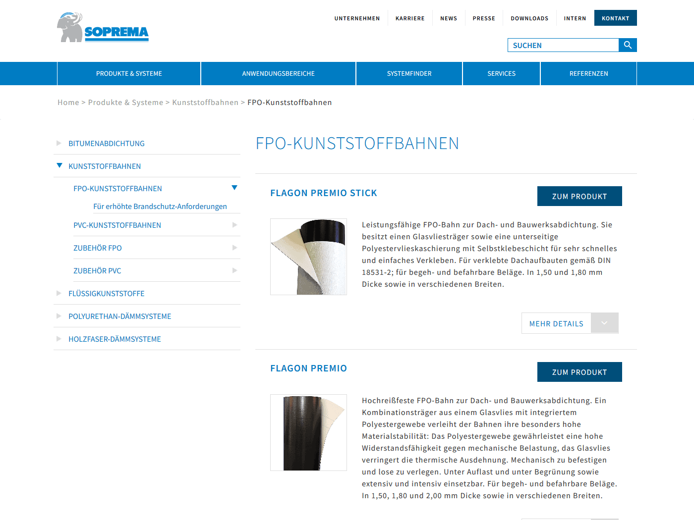 responsive Webdesign Soprema GmbH, Produkte