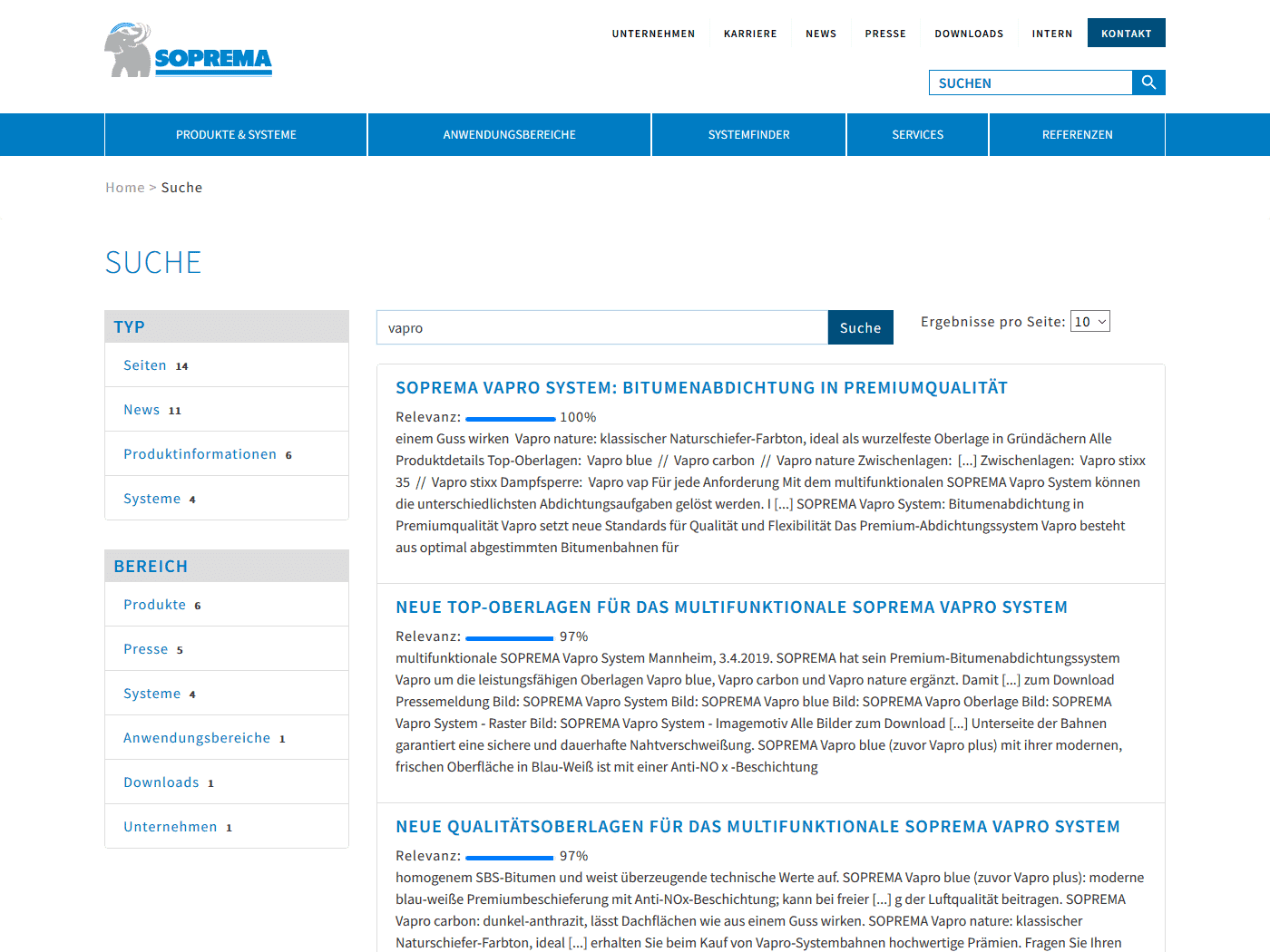 responsive Webdesign Soprema GmbH, Solr Suche