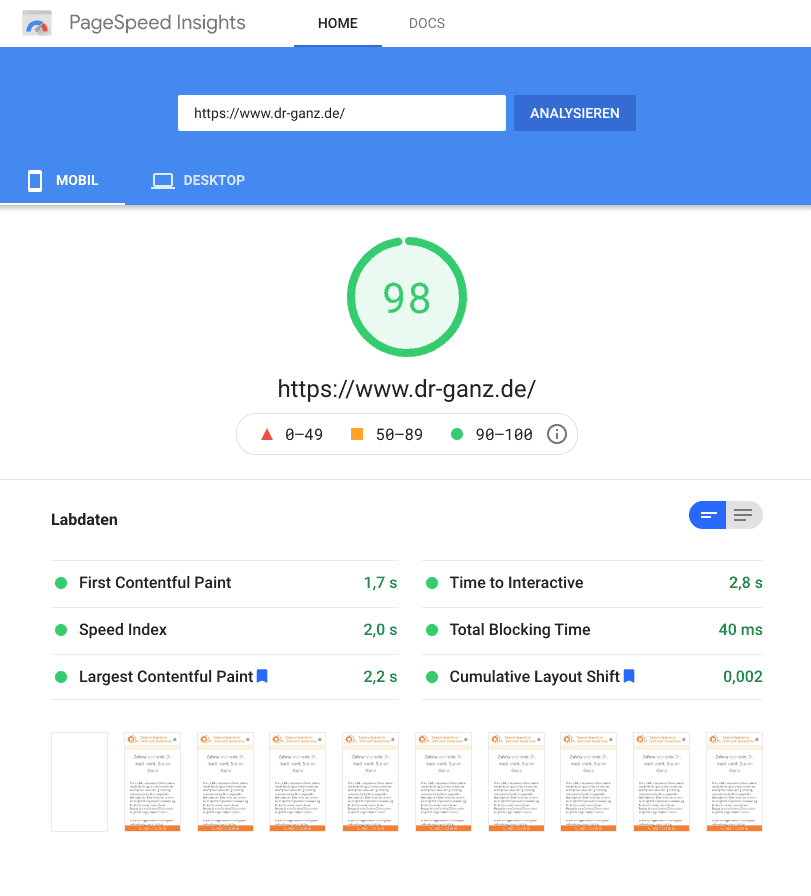 Pagespeed Indights Test Dr. Ganz Website Mobile