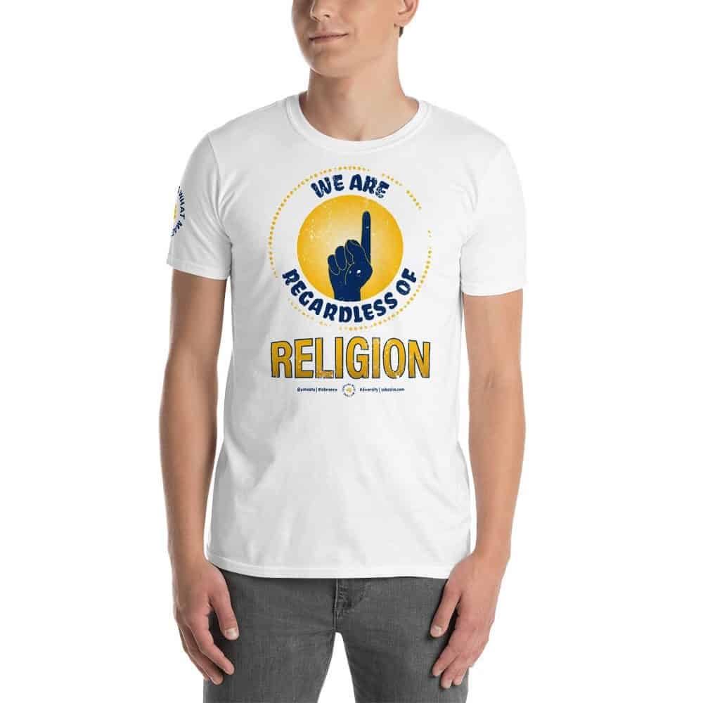 Graphic Short Sleeve T-Shirt Expressing: We are 1 Regardless of Religion