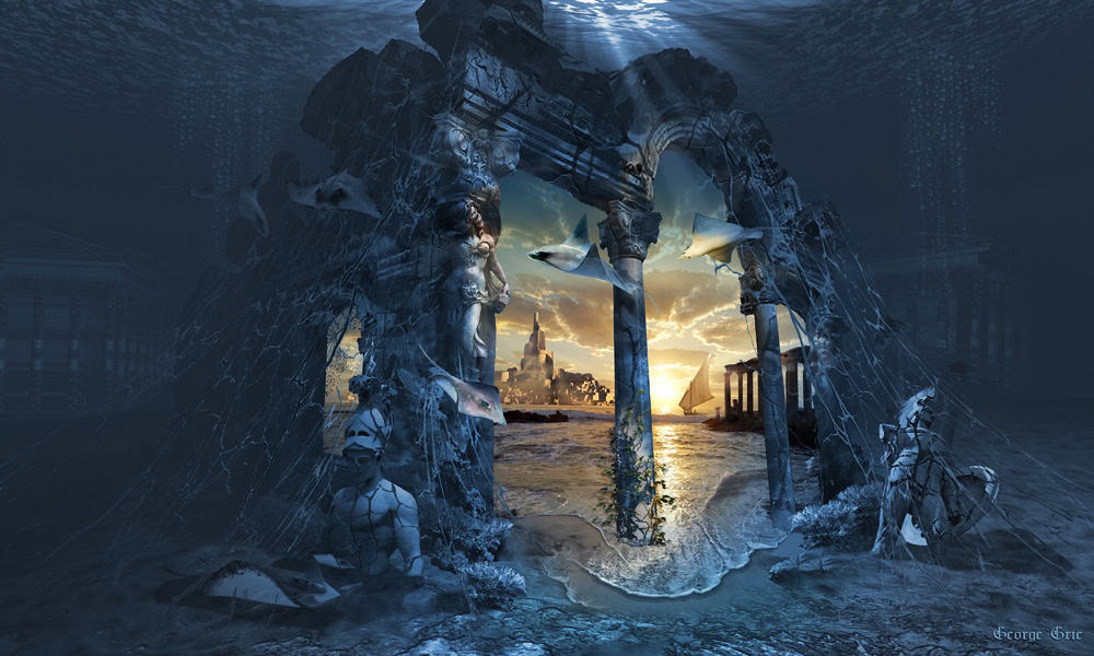 Illustration of the lost city of Atlantis of popular myth.