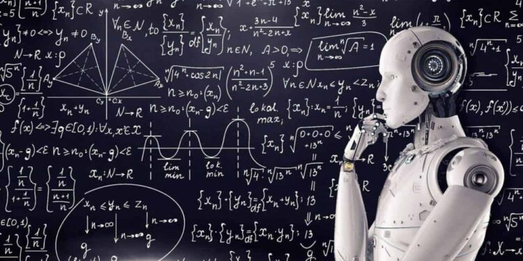 Ai a robot looking at calculations on a chalkboard with a hand on its chin