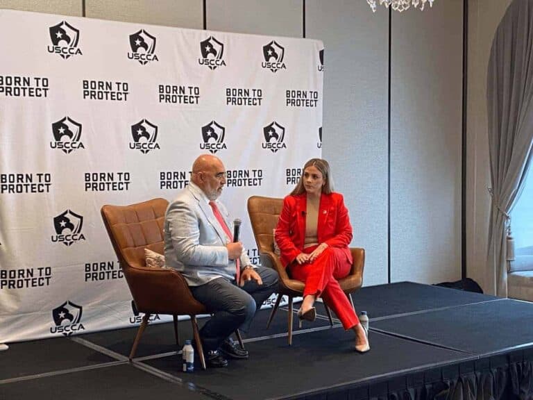Trump campaign senior adviser chris lacivita speaks with katie pointer baney, managing director of government affairs for delta defense and the u. S. Concealed carry association, during an event the organization hosted at the pfister hotel in milwaukee, wisconsin, on tuesday, july 16, 2024.