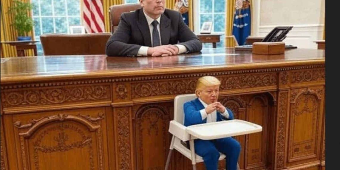Elon musk as president with donald trump in a high chair