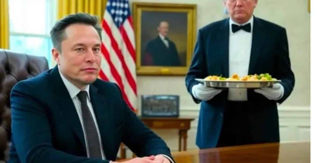 Meme of donald trump serving elon musk in the oval office like a butler