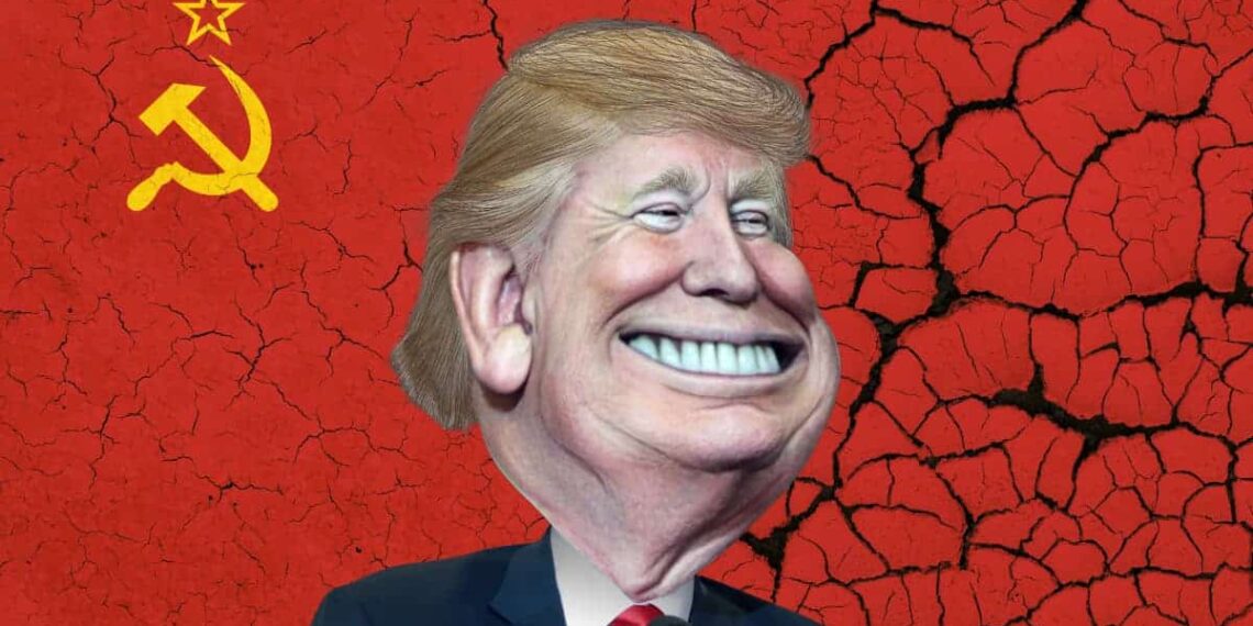 Donald trump caricature on a russian flag background