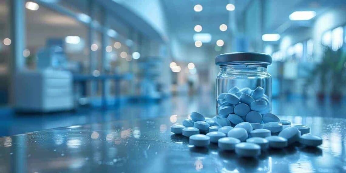 Pill bottle with pills around it on a stainless steel exam table