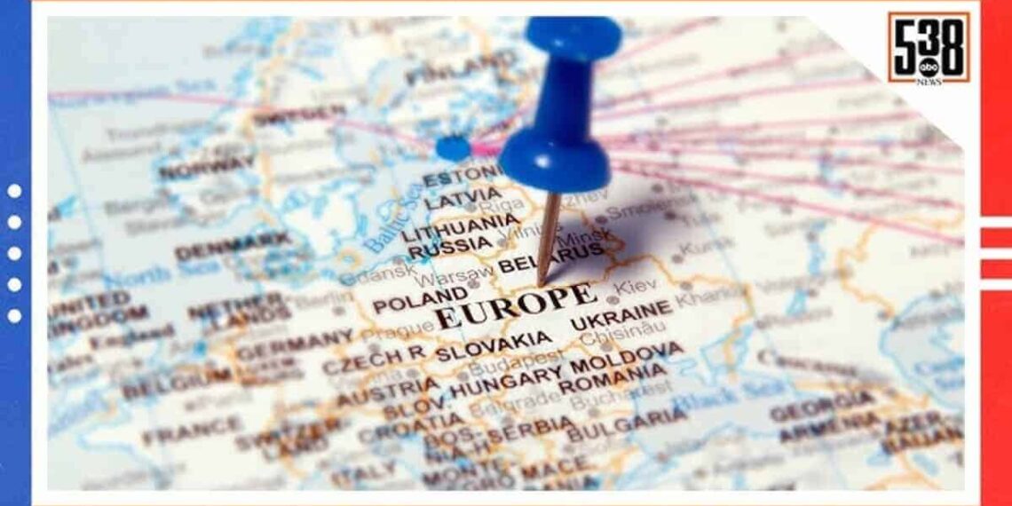 World map with a thumbtack in europe