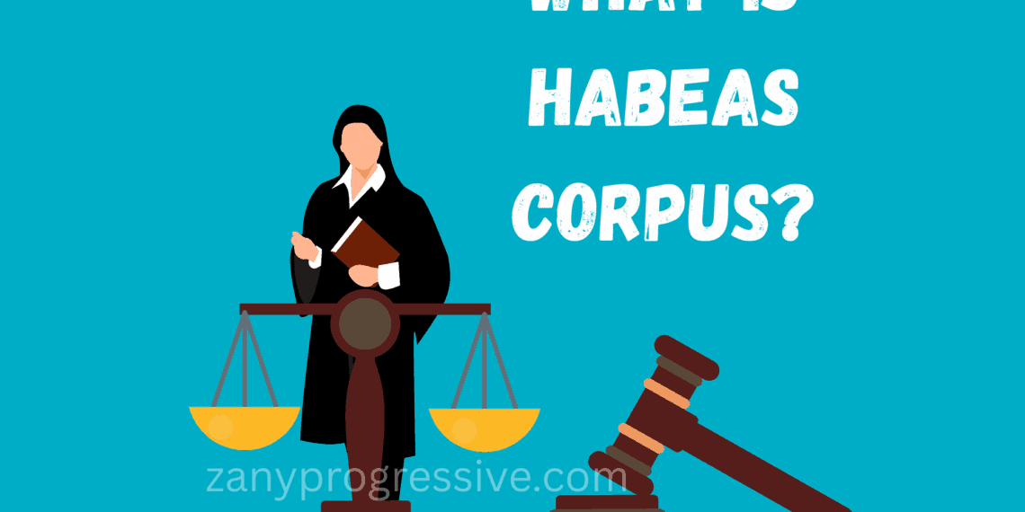 What is habeas corpus? Written on a graphic of a judge, the scales of justice, and a gavel